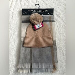 Vince Camuto Tan Knit Beanie and Scarf Set